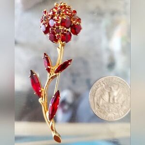 ruby Red floral stem pin brooch rhinestones crystal goldtone flowers July
